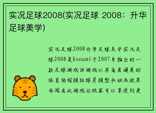 实况足球2008(实况足球 2008：升华足球美学)